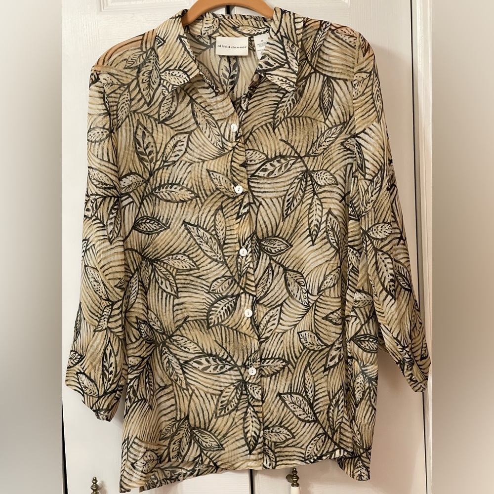 Alfred Dunner Brown Black & White, Sheer, Button Down Blouse Sz 12 Preloved EUC